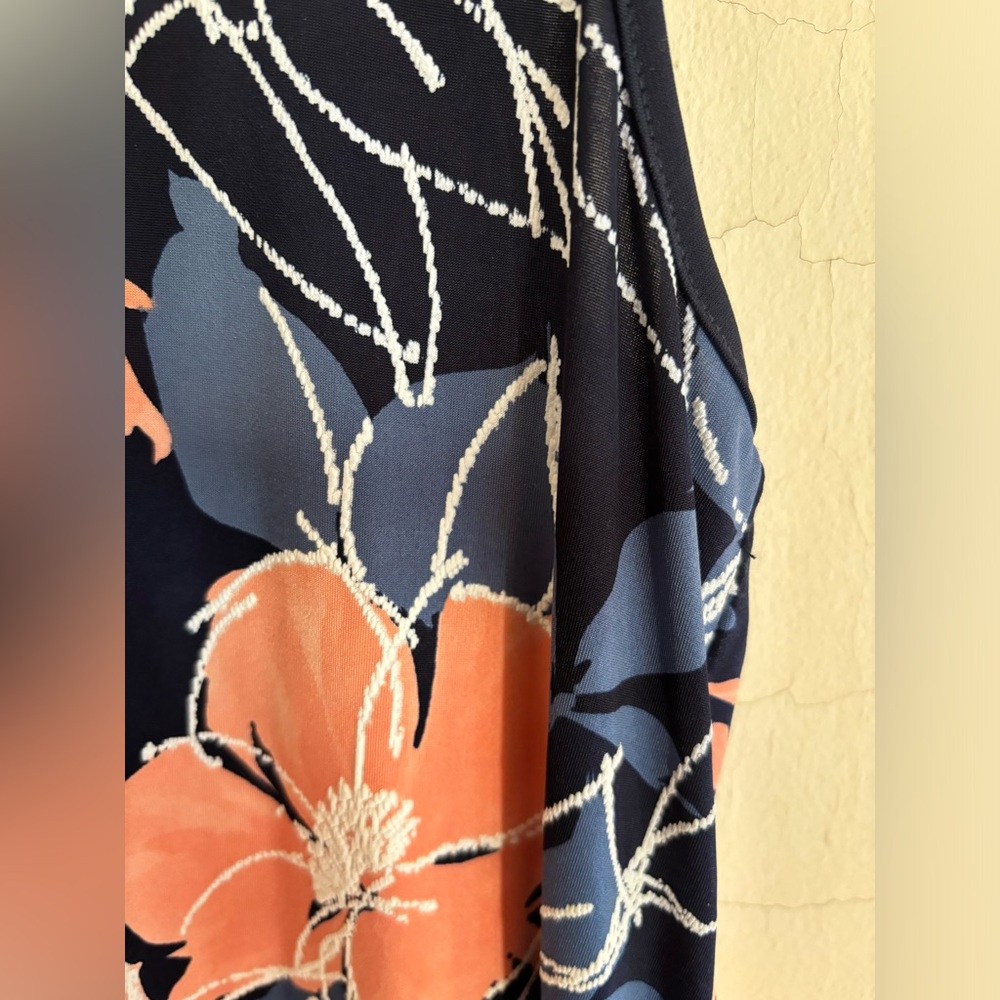 Espresso sleeveless blue and orange floral midi dress with small V neck Size S - Picture 4 of 5
